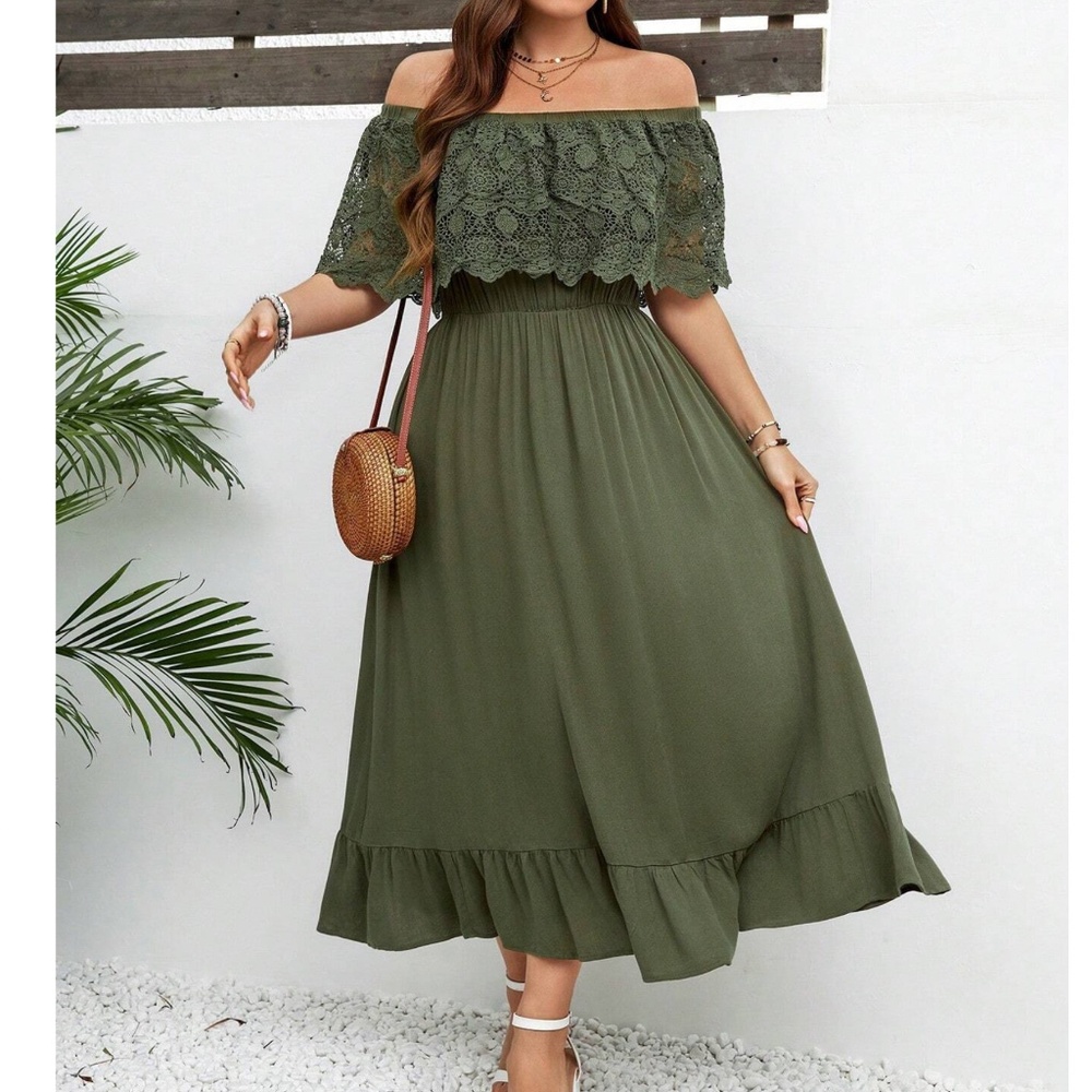 Plus Green Lace Off Shoulder Ruffle Hem Dress